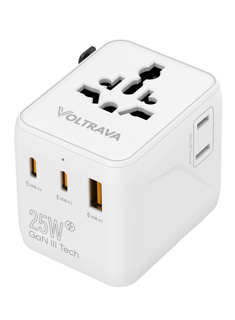 Voltrava Universal Travel Plug Adapter with 2 AC Outlets, PD 25W Fast Charging, Dual USB-C & USB-A Ports – International Multi Plug Power Adapter for Worldwide Travel, Compatible with US UK EU AU Asia – Compact All-in-One Travel Charger - White - Image 1
